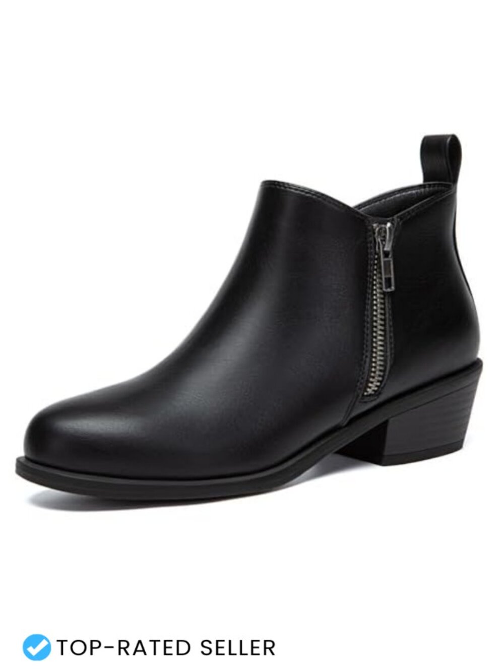 Chunky Low Heel Ankle Boots Side Zipper Almond Toe PU